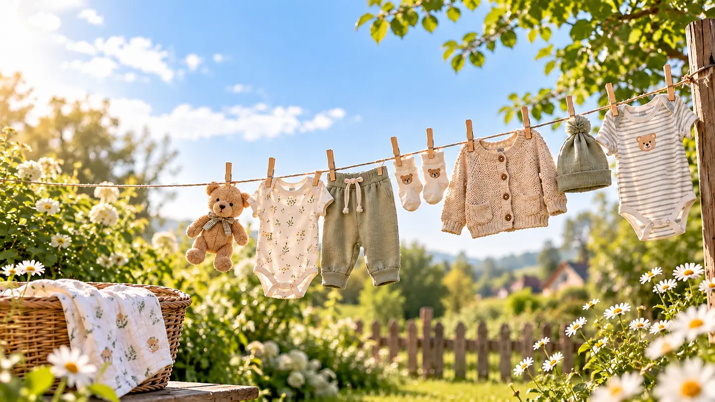 Babykleidung an einer Wäscheleine im sonnigen Garten